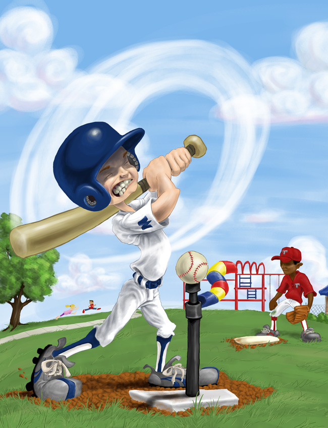 Illustration of Emmit playing t-ball.