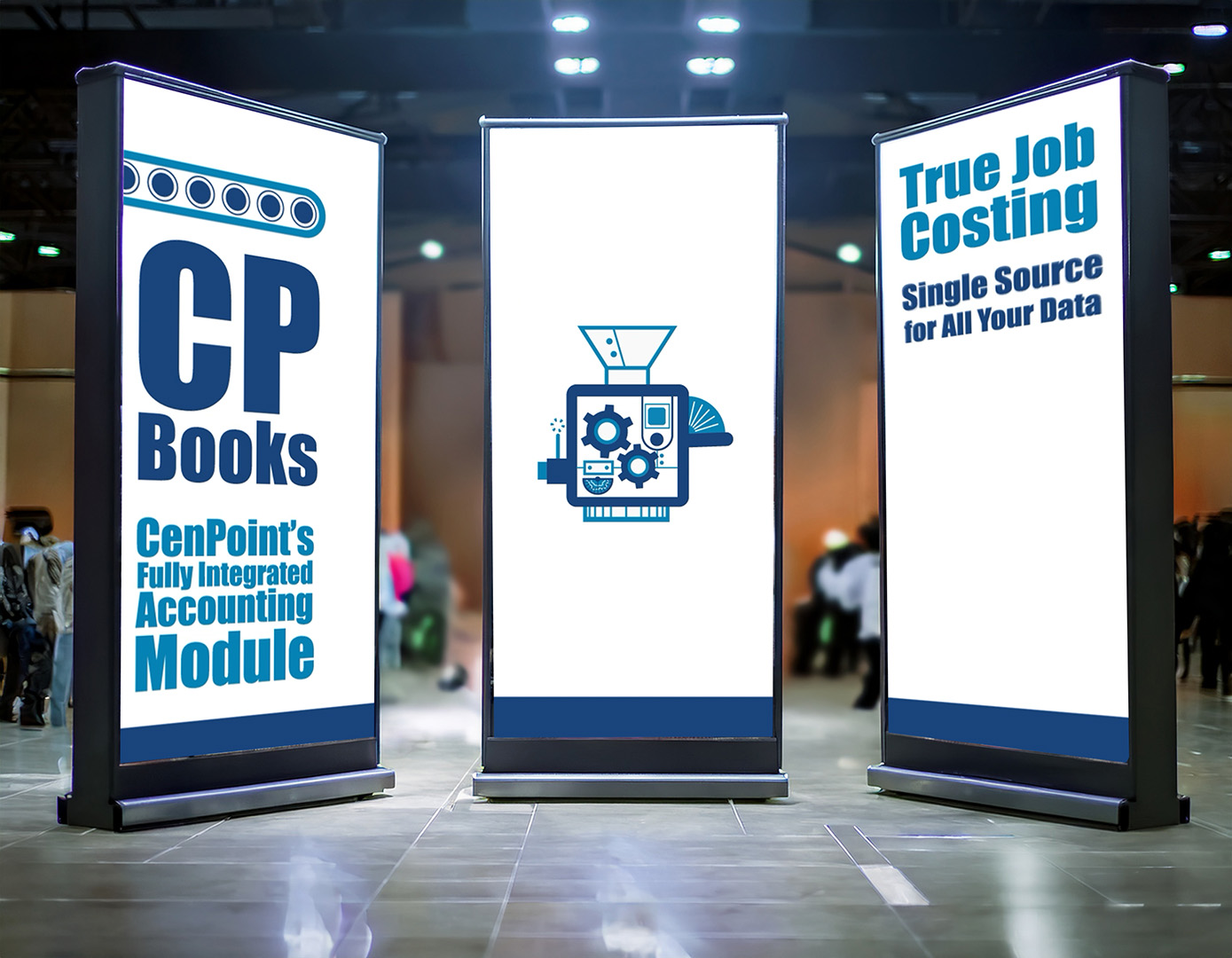 CenPoint trade show display with three vertical screens